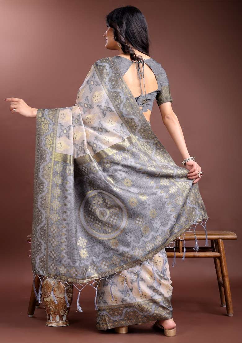 Grey Woven Zari Work Linen Cotton Saree Set - Indya