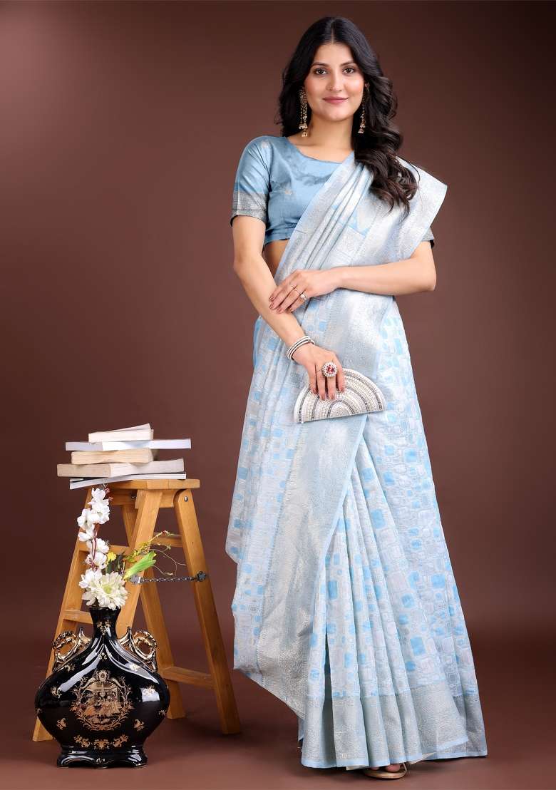 Sky Blue Woven Zari Work Linen Cotton Saree Set - Indya