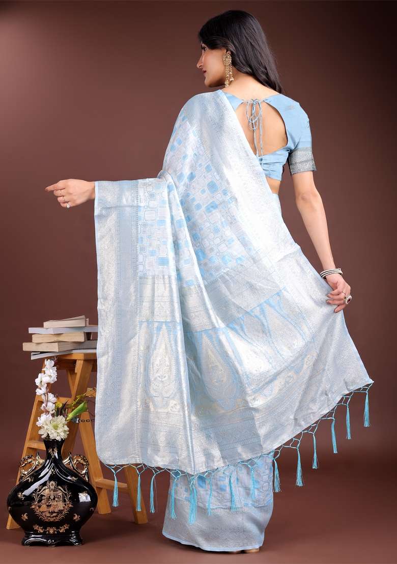 Sky Blue Woven Zari Work Linen Cotton Saree Set - Indya