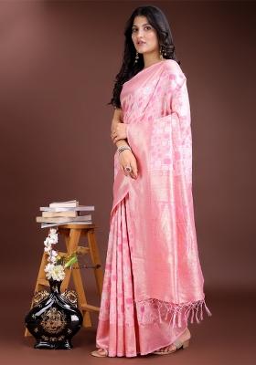 Pink Woven Zari Work Linen Cotton Saree Set
