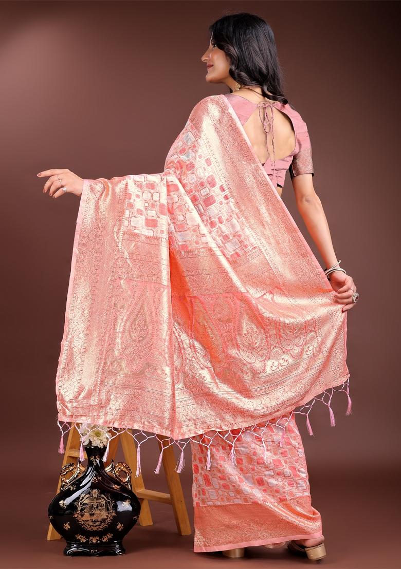Peach Woven Zari Work Linen Cotton Saree Set