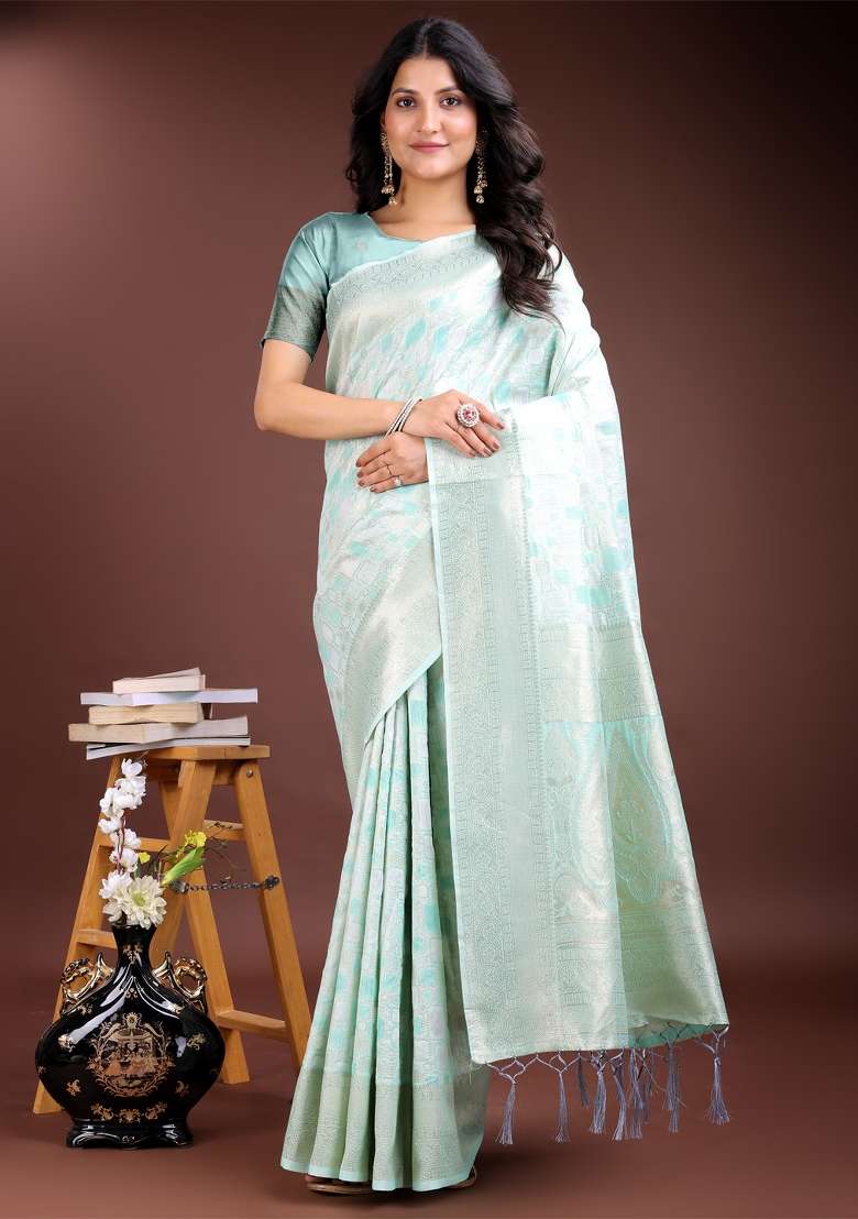 Sea Green Woven Zari Work Linen Cotton Saree Set - Indya