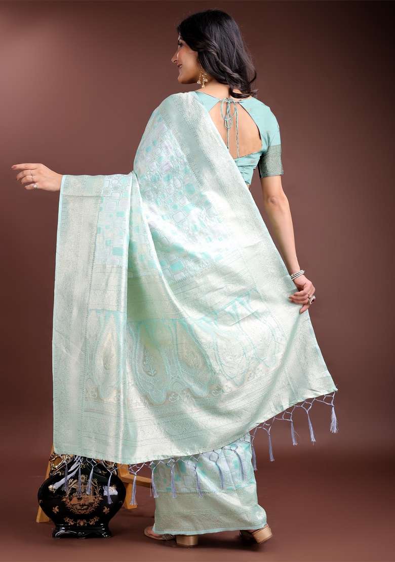 Sea Green Woven Zari Work Linen Cotton Saree Set - Indya