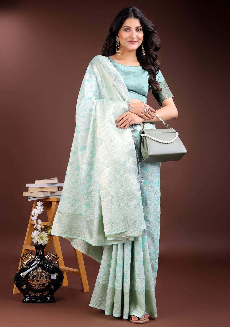 Sea Green Woven Zari Work Linen Cotton Saree Set