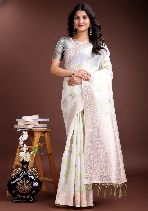 White And Light Green Woven Zari Work Cotton Saree Set