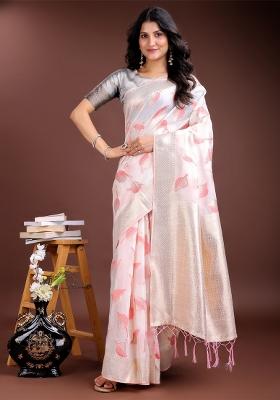 White And Pink Woven Zari Work Cotton Saree Set