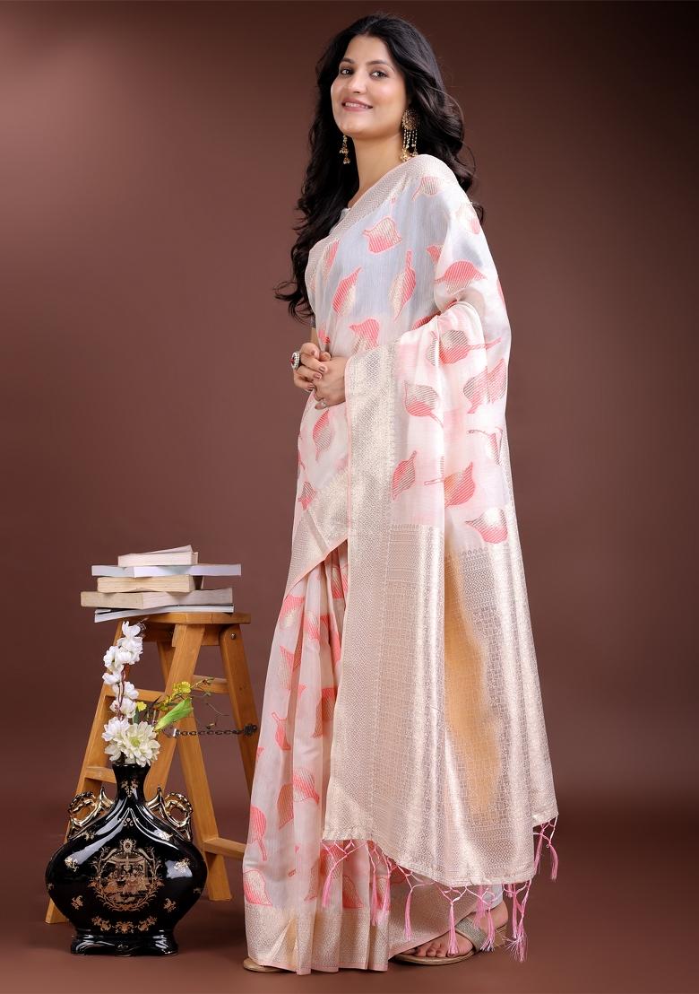 White And Pink Woven Zari Work Cotton Saree Set
