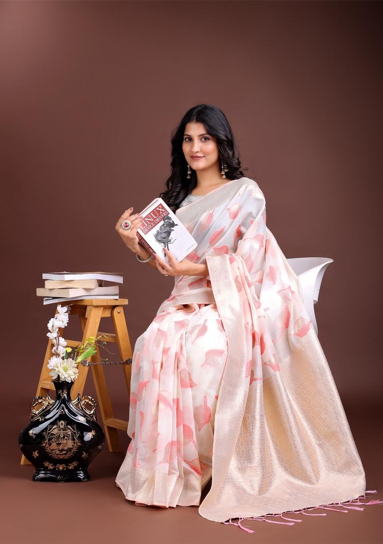 White And Pink Woven Zari Work Cotton Saree Set