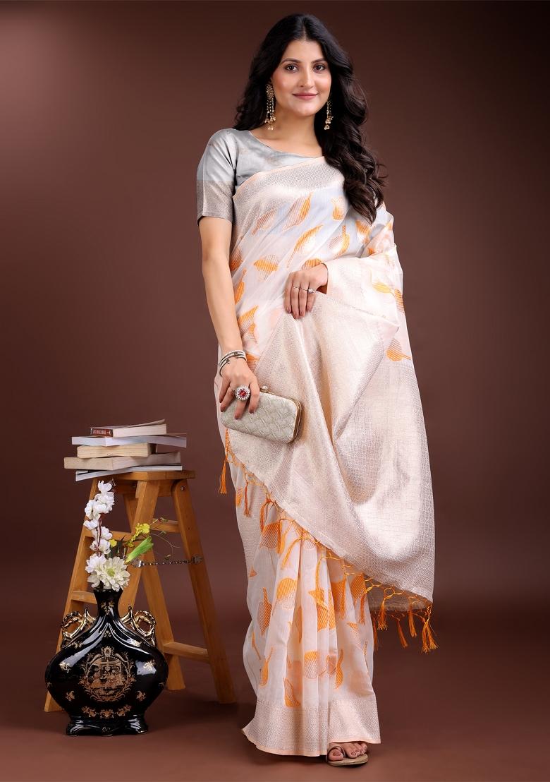 White And Orange Woven Zari Work Cotton Saree Set