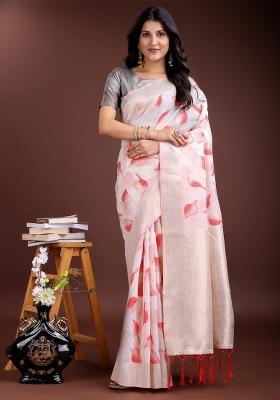 White And Red Woven Zari Work Cotton Saree Set