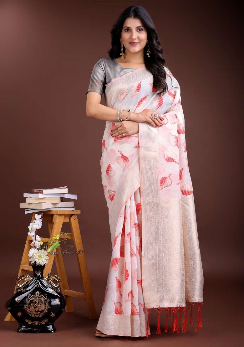 White And Red Woven Zari Work Cotton Saree Set - Indya