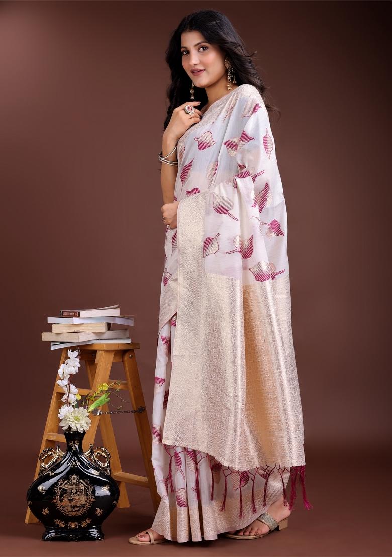 White And Purple Woven Zari Work Cotton Saree Set