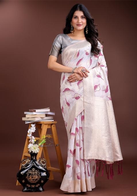 White And Purple Woven Zari Work Cotton Saree Set
