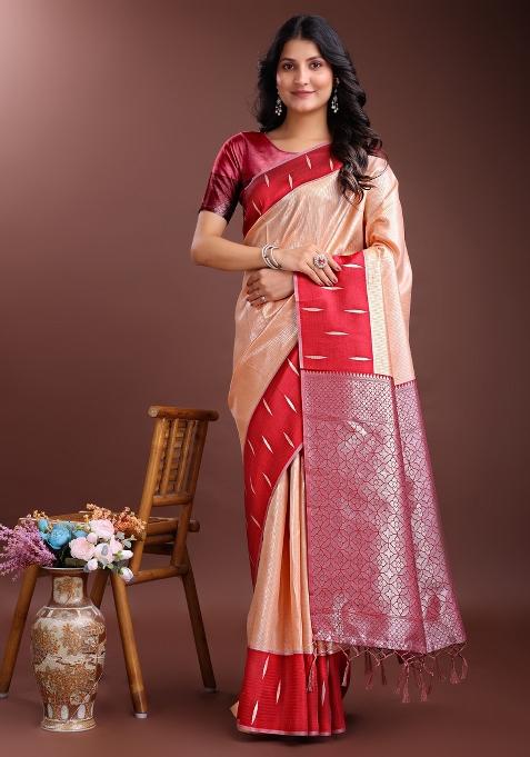 Orange Woven Zari Work Lichi Silk Saree Set