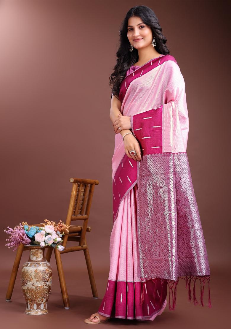 Pink Woven Zari Work Lichi Silk Saree Set