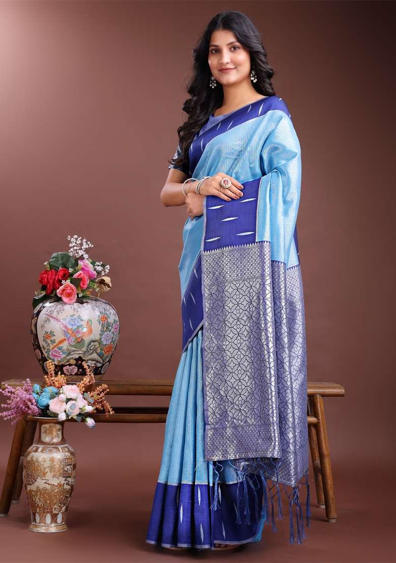Sky Blue Woven Zari Work Lichi Silk Saree Set - Indya