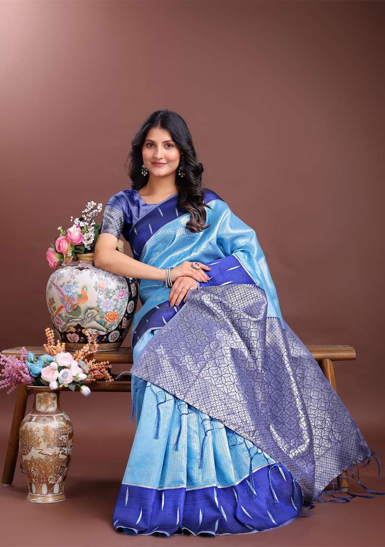 Sky Blue Woven Zari Work Lichi Silk Saree Set - Indya