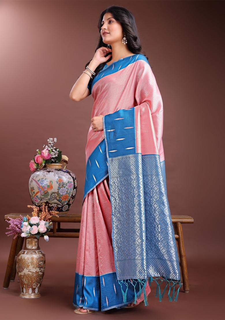 Peach Woven Zari Work Lichi Silk Saree Set