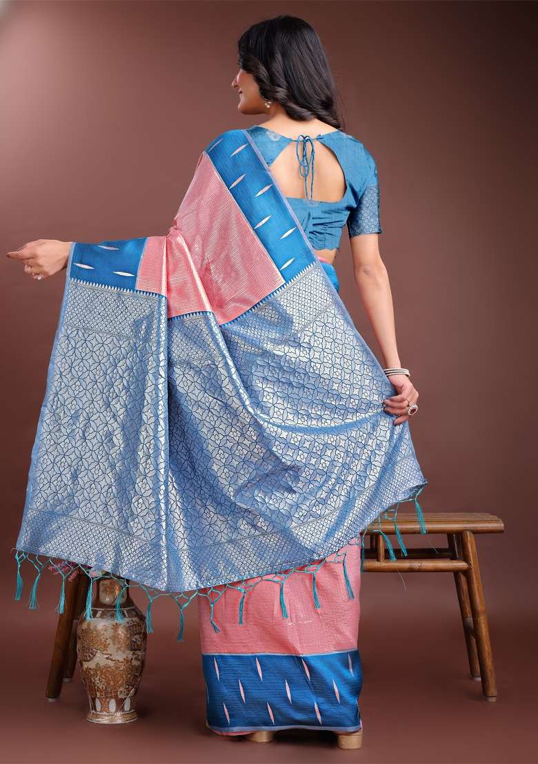 Peach Woven Zari Work Lichi Silk Saree Set - Indya