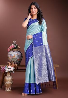Sea Green Woven Zari Work Lichi Silk Saree Set