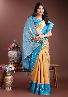 Yellow Woven Zari Work Lichi Silk Saree Set