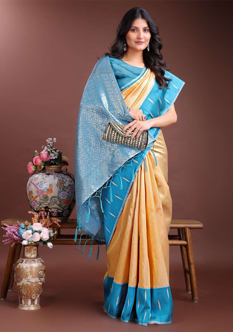 Yellow Woven Zari Work Lichi Silk Saree Set - Indya
