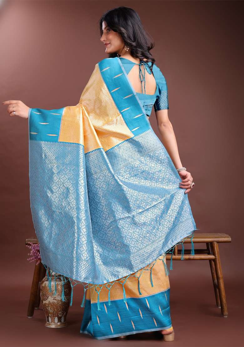 Yellow Woven Zari Work Lichi Silk Saree Set - Indya
