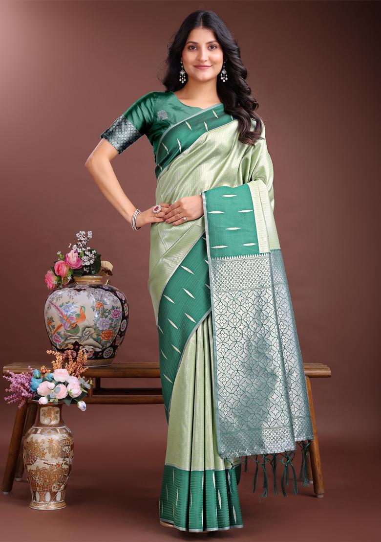 Light Green Woven Zari Work Lichi Silk Saree Set