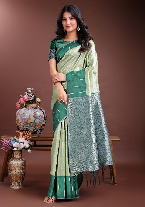 Light Green Woven Zari Work Lichi Silk Saree Set