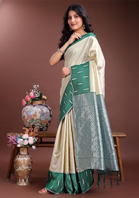 Cream Woven Zari Work Lichi Silk Saree Set