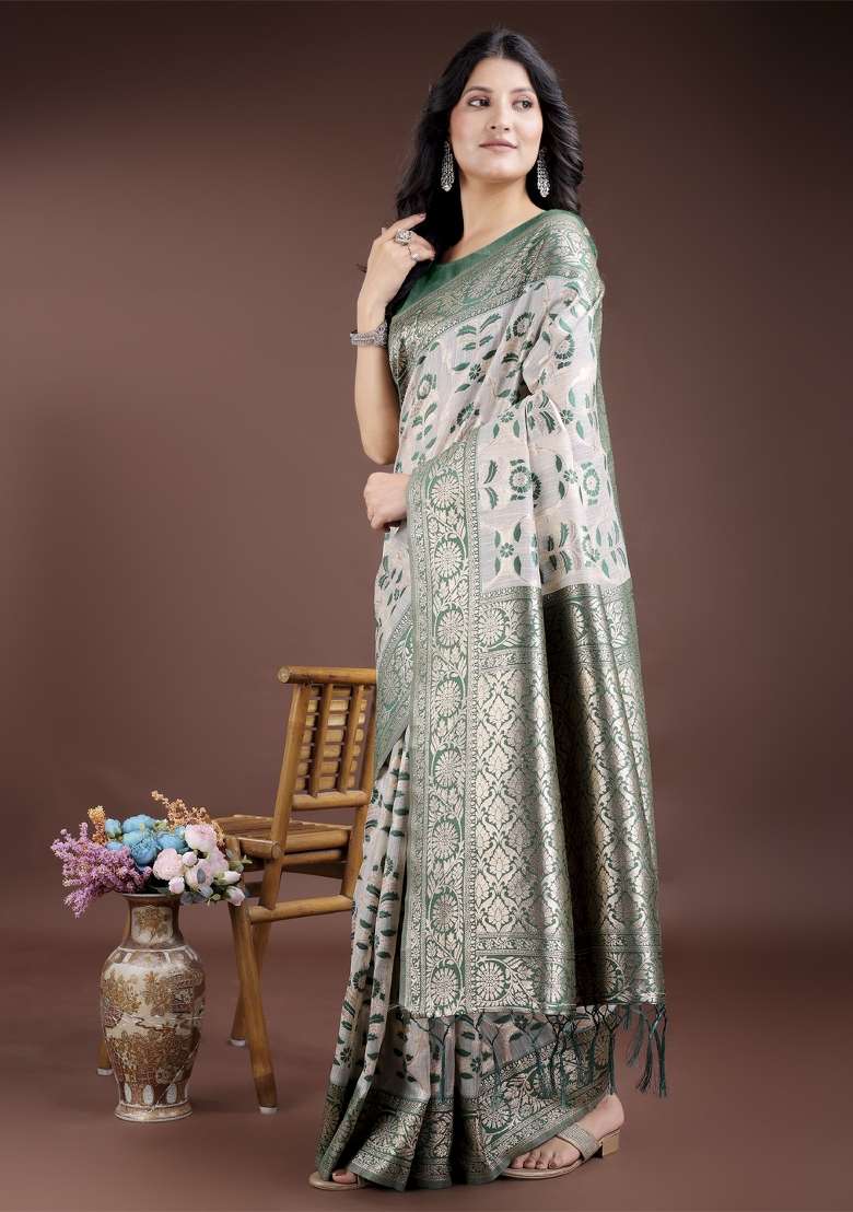 Green Woven Zari Work Linen Cotton Saree Set - Indya