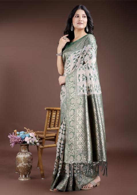 Green Woven Zari Work Linen Cotton Saree Set