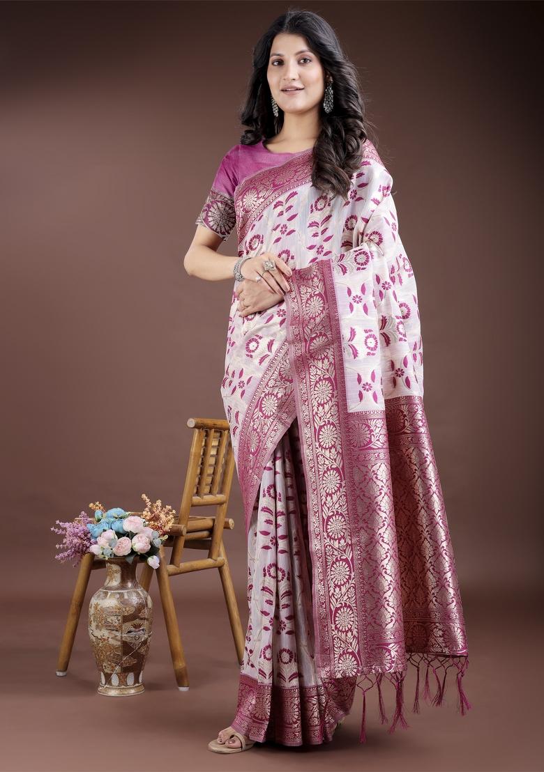 Purple Woven Zari Work Linen Cotton Saree Set