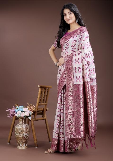 Purple Woven Zari Work Linen Cotton Saree Set
