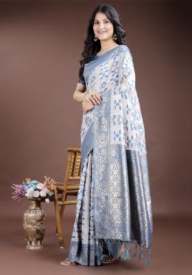 Sky Blue Woven Zari Work Linen Cotton Saree Set