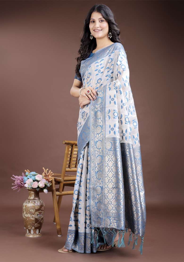 Sky Blue Woven Zari Work Linen Cotton Saree Set - Indya