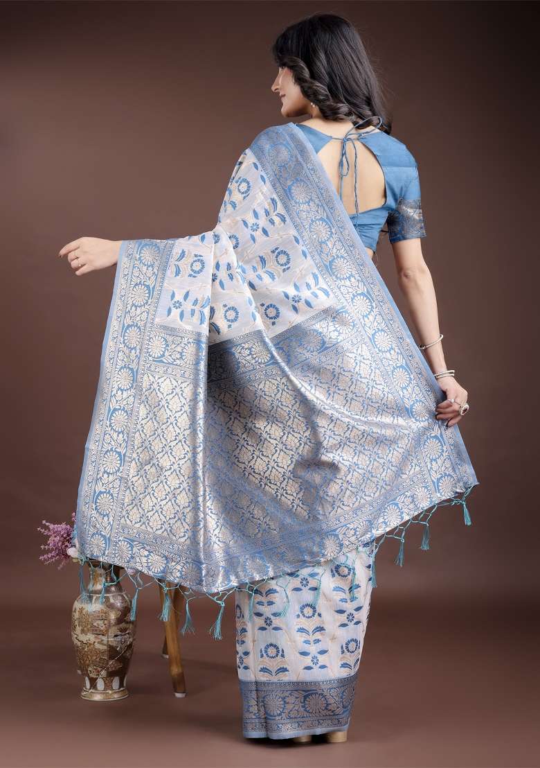 Sky Blue Woven Zari Work Linen Cotton Saree Set - Indya