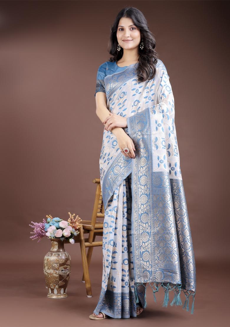 Sky Blue Woven Zari Work Linen Cotton Saree Set