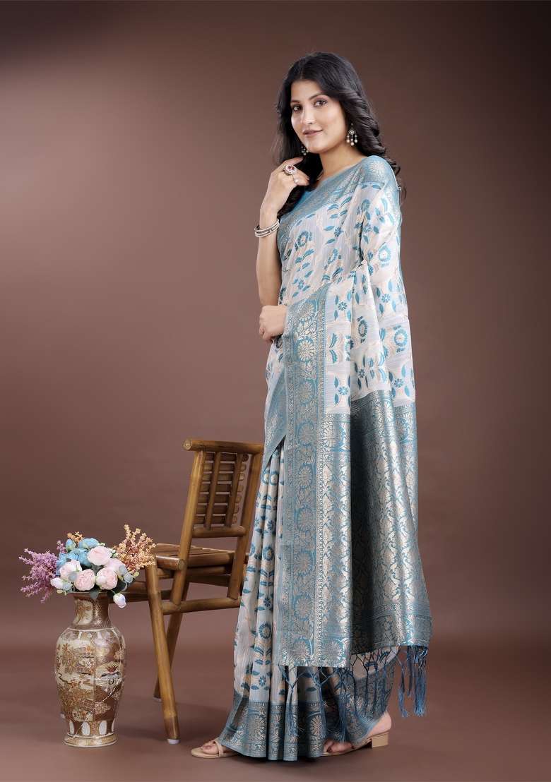 Sea Green Woven Zari Work Linen Cotton Saree Set - Indya