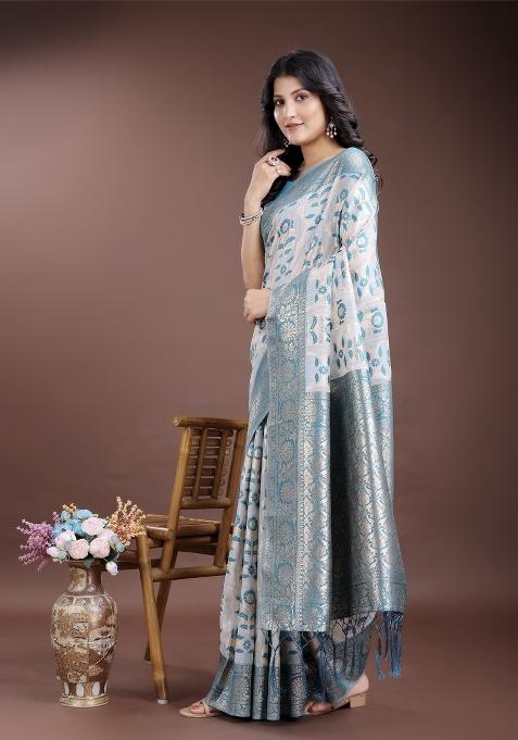 Sea Green Woven Zari Work Linen Cotton Saree Set