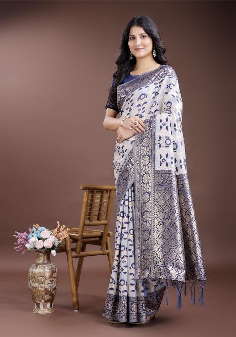 Navy Blue Woven Zari Work Linen Cotton Saree Set