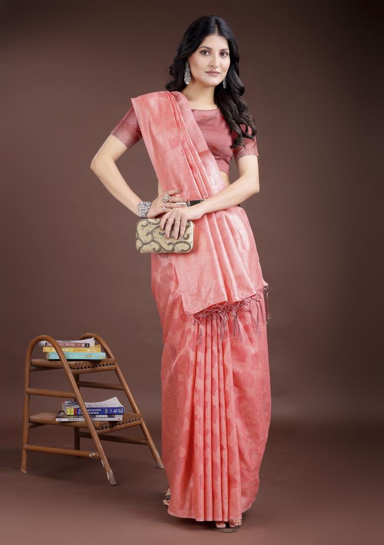 Peach Woven Zari Work Linen Cotton Saree Set