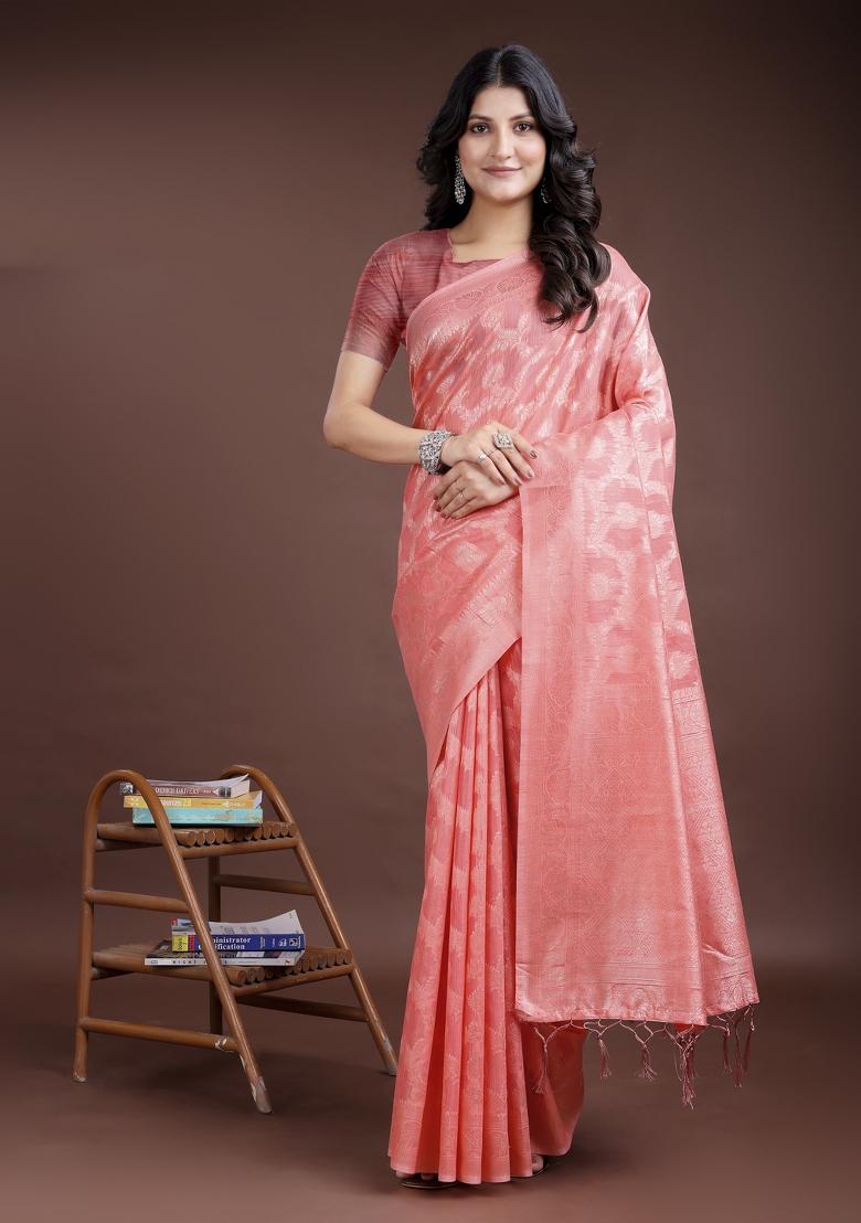 Peach Woven Zari Work Linen Cotton Saree Set