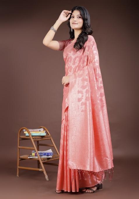 Peach Woven Zari Work Linen Cotton Saree Set
