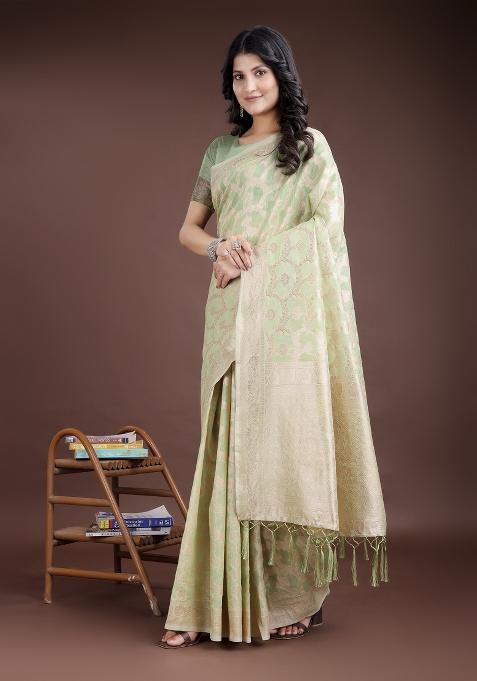 Light Green Woven Zari Work Linen Cotton Saree Set