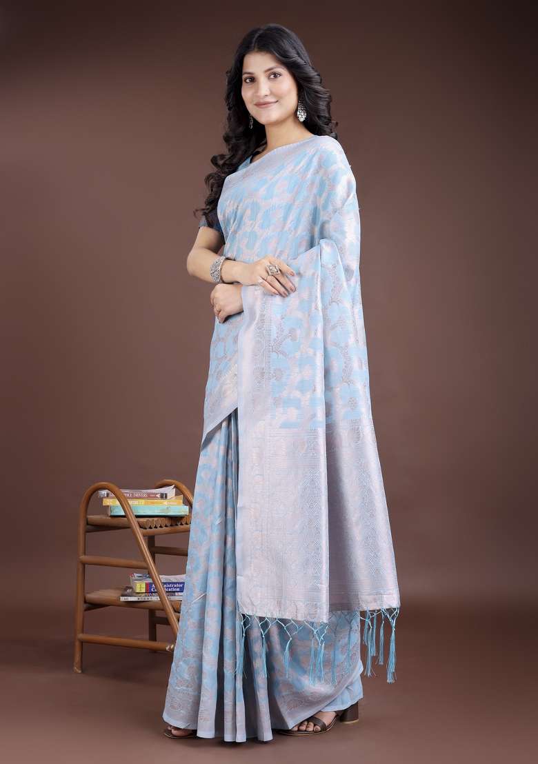Sky Blue Woven Zari Work Linen Cotton Saree Set - Indya