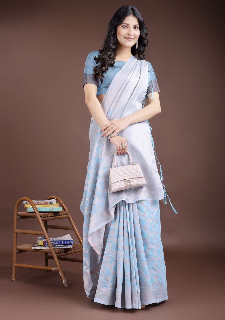 Sky Blue Woven Zari Work Linen Cotton Saree Set - Indya
