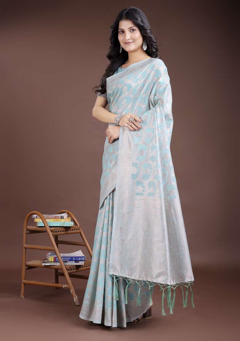Sea Green Woven Zari Work Linen Cotton Saree Set - Indya