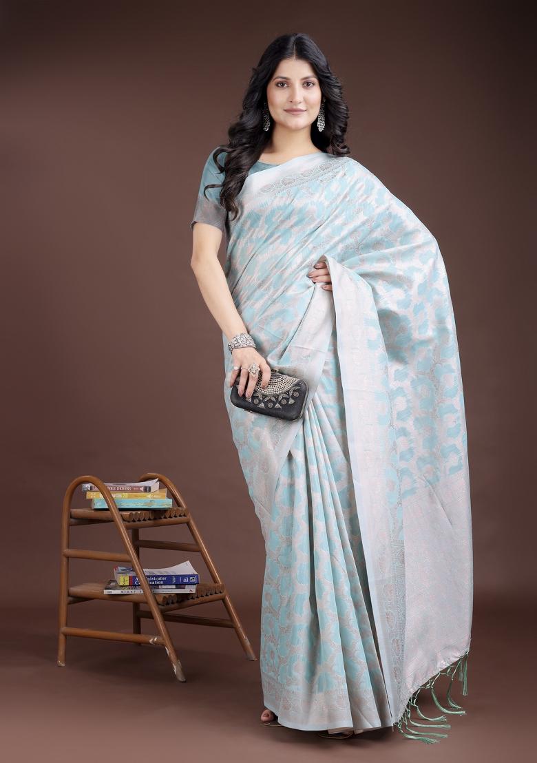 Sea Green Woven Zari Work Linen Cotton Saree Set