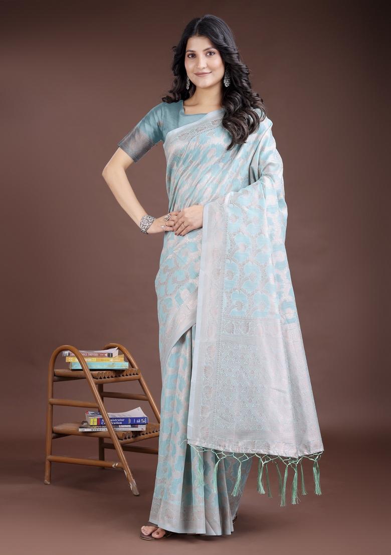 Sea Green Woven Zari Work Linen Cotton Saree Set